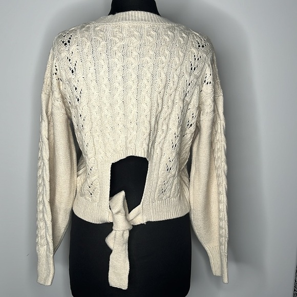 PINK ROSE Juniors' Tan Pointelle-Knit Tie-Back Sweater Size L - Picture 3 of 8